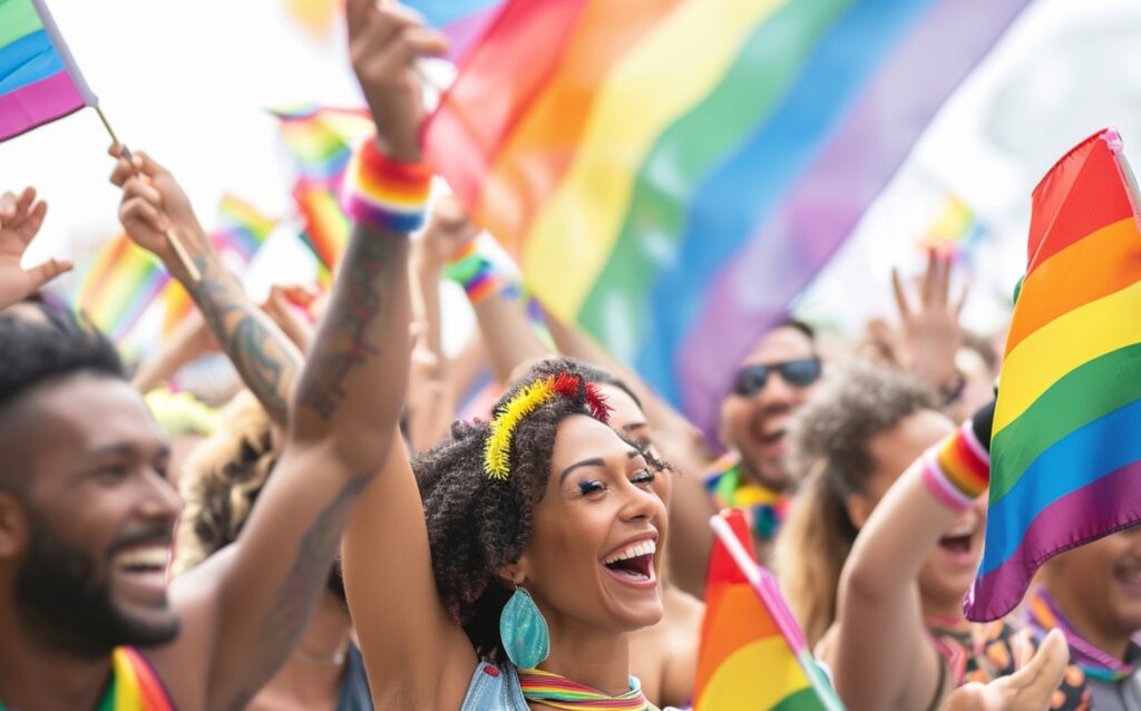 Rainbow flags, the symbol of the LGBTQ+ community in Reykjavík Pride parade Iceland